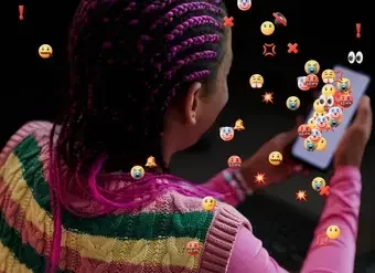 A graphic featuring a young woman looking at her phone