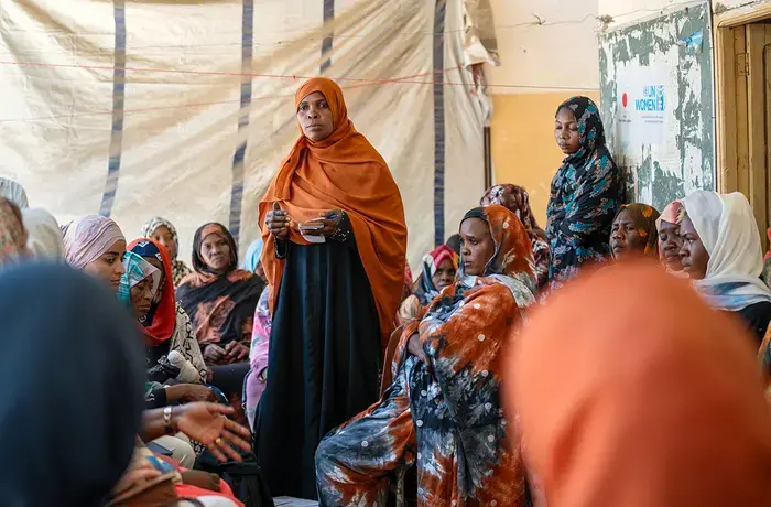 Sudan, 2025. Women from the Alazhri gathering site share with the UN Women Joint High-Level Mission team. Photo: UN Women/Ekram Hamad Fadlalla